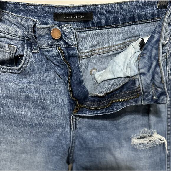 Flying Monkey Ultra High Rise Ankle Blue Rip Distressed Straight Jeans Size 27 - Picture 5 of 13